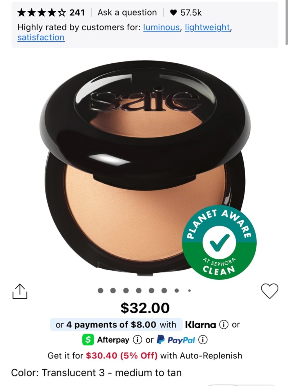 Saie Translucent 3 Pressed Powder - Medium to Tan